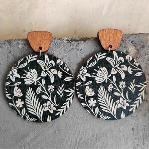 Black White Brown Floral Wooden Lightweight Print Bohemian Statement Earrings